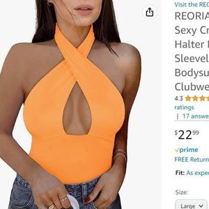 REORIA Women's Sexy Criss Cross Halter Neck Sleeveless Thong Bodysuits Tops Club